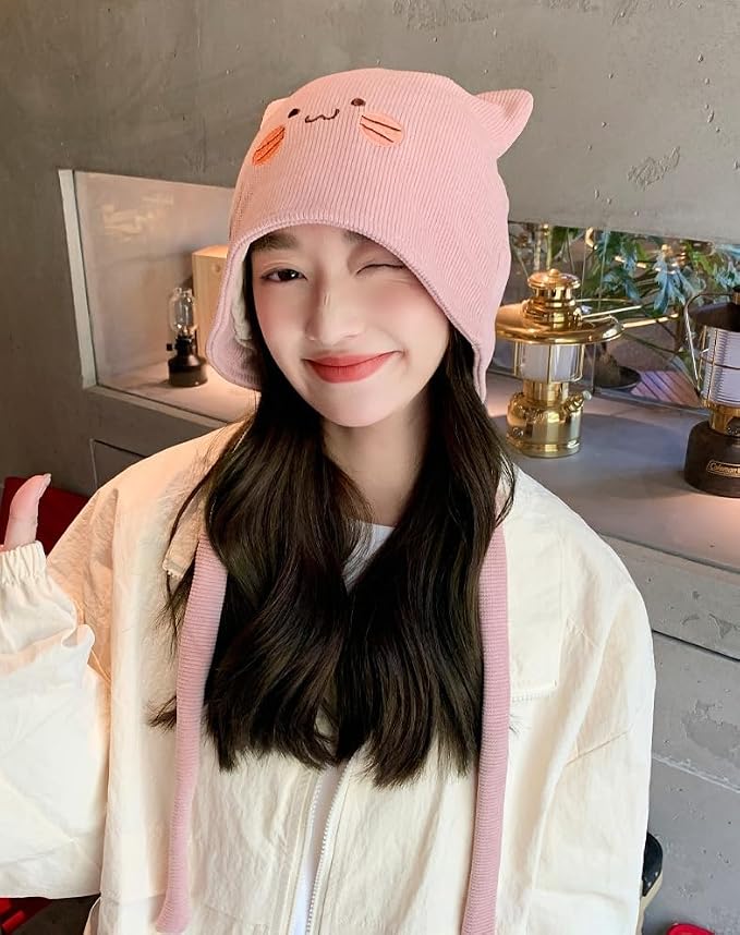 Women's Teen Girls Knitted Cat Kitty Cuffed Beanie Hat Winter Outdoor Stretchy - Image 3