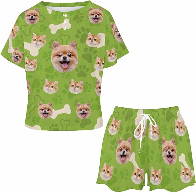 Custom Short Pajamas Set with Face Photo Women‘s Sleepwear Tee Personalized PJ - Image 3