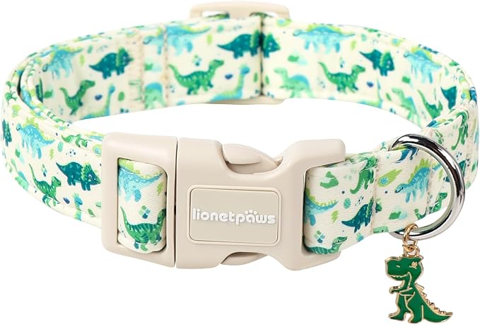 Lionet Paws Green and Blue Dinosaur Dog Collar- Cute Stegosaurus and Raptor by lionetpaws