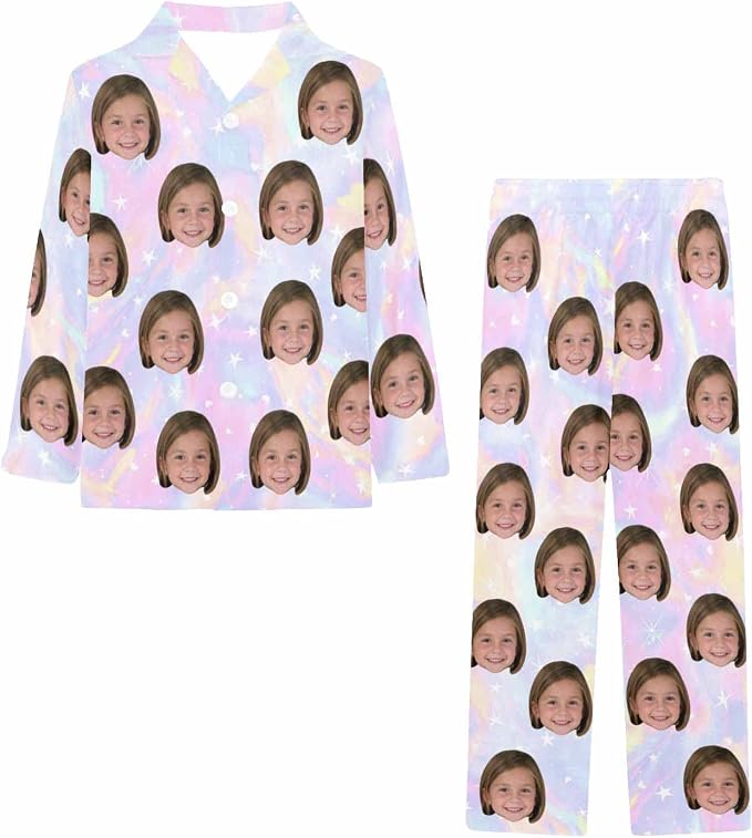 Artsadd Girls Pajamas Set Custom Face Pet Photo Long Sleeve Sleepwear - Image 3