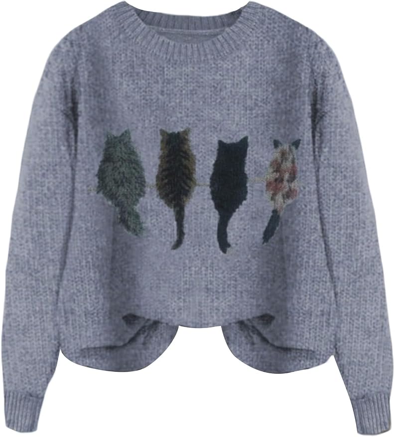 WDIRARA Women's Cat Graphic Sweater Long Sleeve Crew Neck Knit Tops Casual by WDIRARA