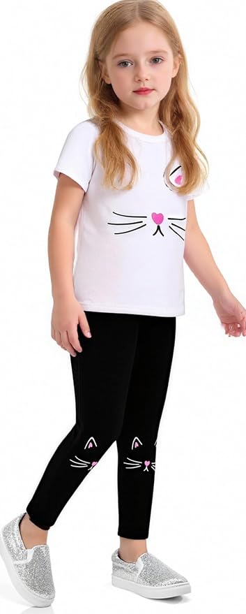 4-8T Toddler Girl Clothes Cat face print Short Sleeve Top+Pants Outfits Girl - Image 4