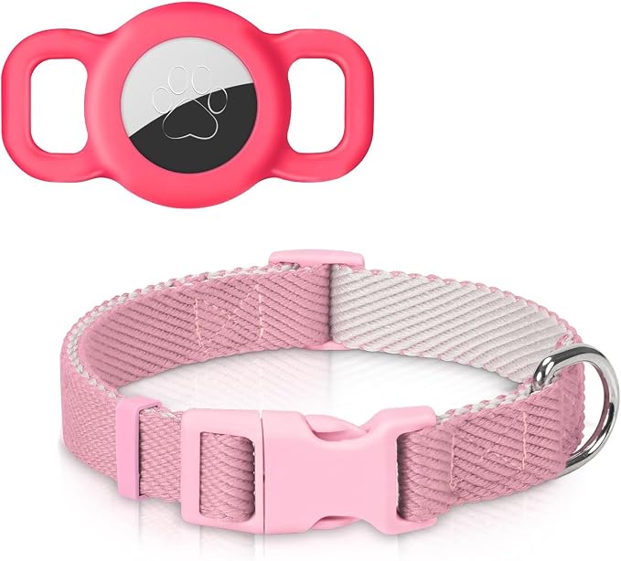 Dynmeow AirTag Cat Collar Holder, Hot-Pink & Soft Cotton Pet Collar Bundle by Dynmeow