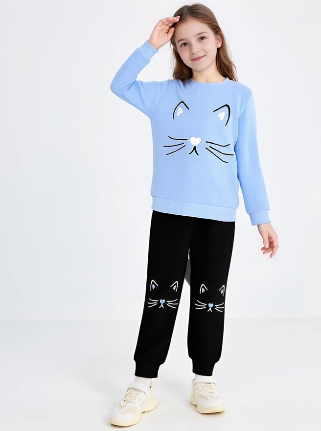 4-8T Toddler Girl Clothes Cat face print Short Sleeve Top+Pants Outfits Girl - Image 2