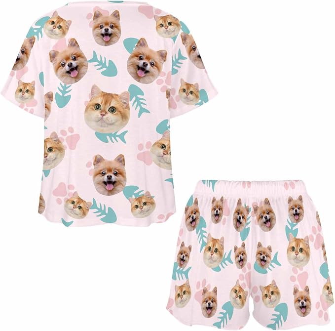 Custom Short Pajamas Set with Face Photo Women‘s Sleepwear Tee Personalized PJ - Image 4