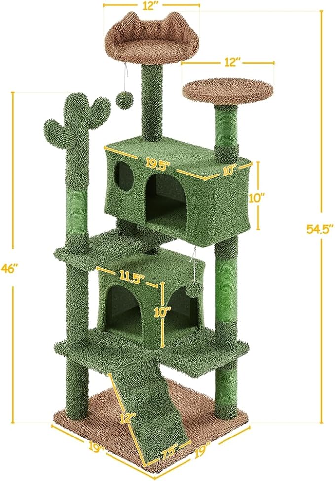 Yaheetech Cactus Cat Tree, 54.5in Tower w/Ramp, Animal-Ear Shaped Perch - Image 7