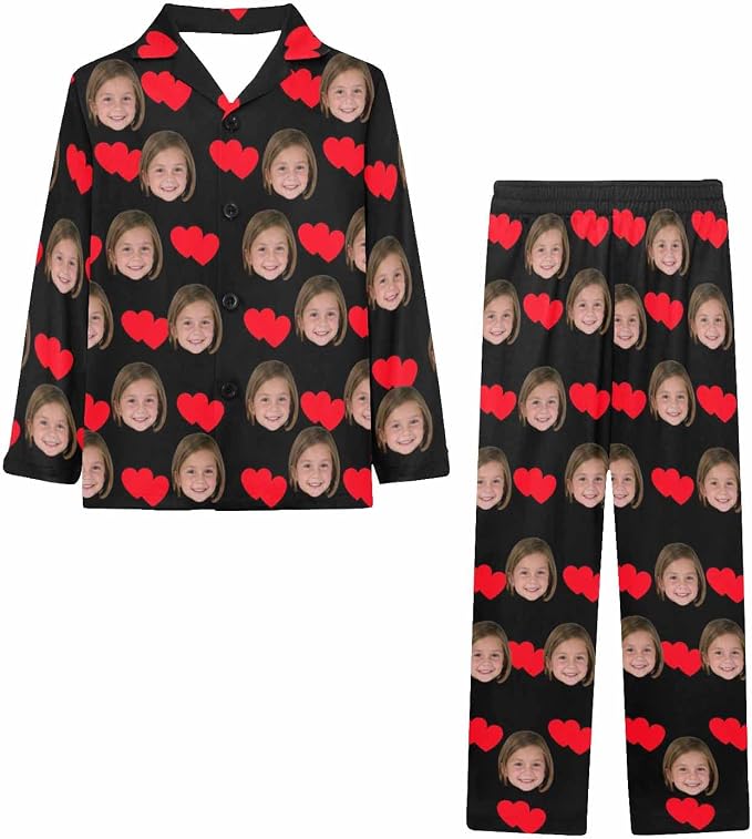 Artsadd Girls Pajamas Set Custom Face Pet Photo Long Sleeve Sleepwear - Image 3