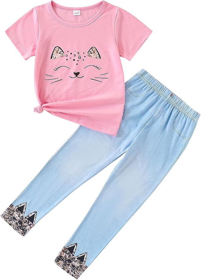 4-8T Toddler Girl Clothes Cat face print Short Sleeve Top+Pants Outfits Girl by Unknown
