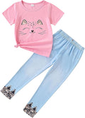 4-8T Toddler Girl Clothes Cat face print Short Sleeve Top+Pants Outfits Girl by Unknown
