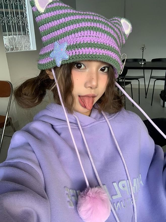 Y2k Beanie Cat Ear Gyaru Acubi Devil Crochet Hats Cute Kawaii Star Grunge - Image 3