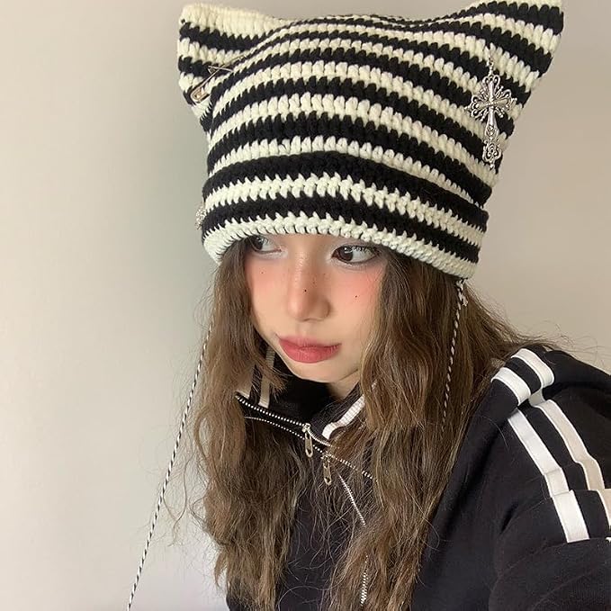 Y2k Beanies Crochet Knitted Cat Hats Goth Cross Devil Hat Striped Alt Emo - Image 3