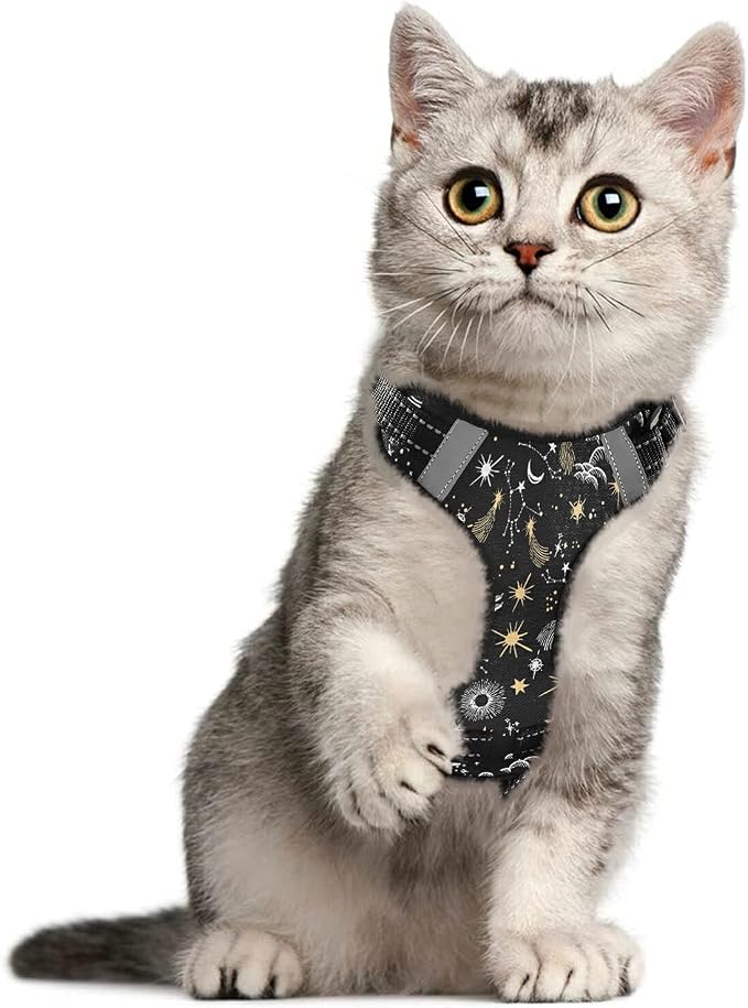 Yellow Stars and White Moon Dog/Cat Harness, Reflective No-Pull Pet Harness - Image 5