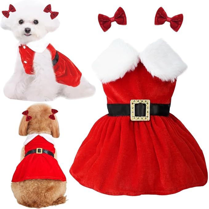 Dog Christmas Red Velvet Dress Cute Puppy Xmas Outfits Santa Claus Cat Skirt by LAPOHI