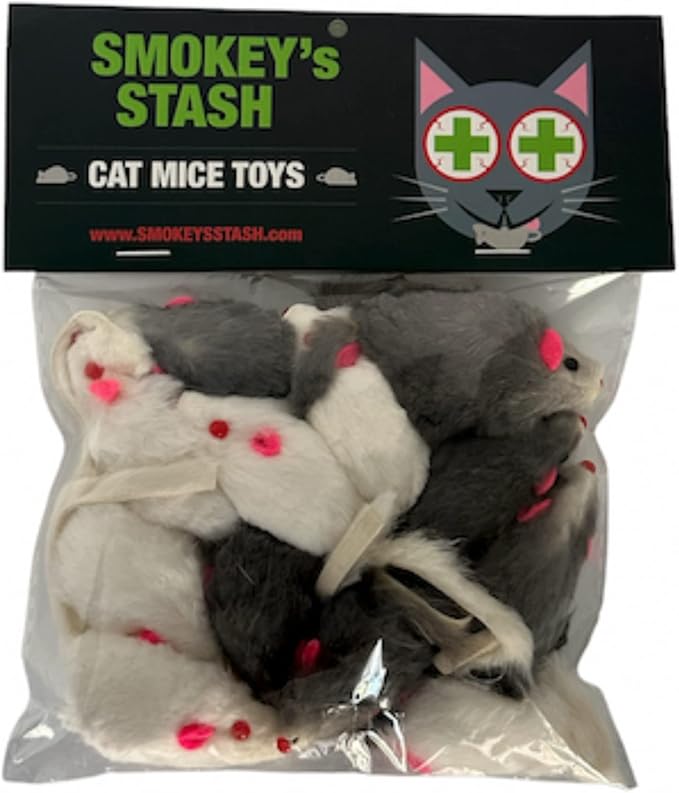 Smokey's Stash Rabbit Fur Mouse Cat Toy 24 per Pack White and Gray Fuzzy Toys - Image 7