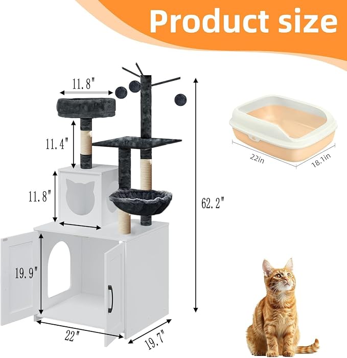 Cat Tree with Litter Box, Wood Litter Box Enclosure with Food Station, Modern - Image 2