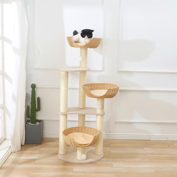 SHENGOCASE Modern Cat Tree Tower, Wooden Condo, 3 Large Rattan Wicker Basket - Image 3