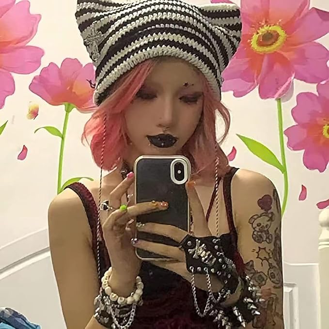 Y2k Beanies Crochet Knitted Cat Hats Goth Cross Devil Hat Striped Alt Emo - Image 3