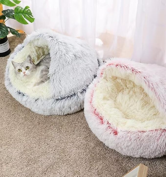 Cat Bed Round Fluffy Hooded Cat Bed Cave, Anti-Anxiety Cave Bed - Image 7