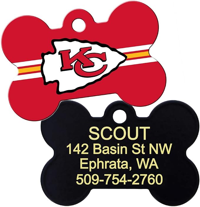 GoTags Personalized Kansas City Chiefs Dog Tag, Brass Metal Bone Shape Pet ID - Image 2