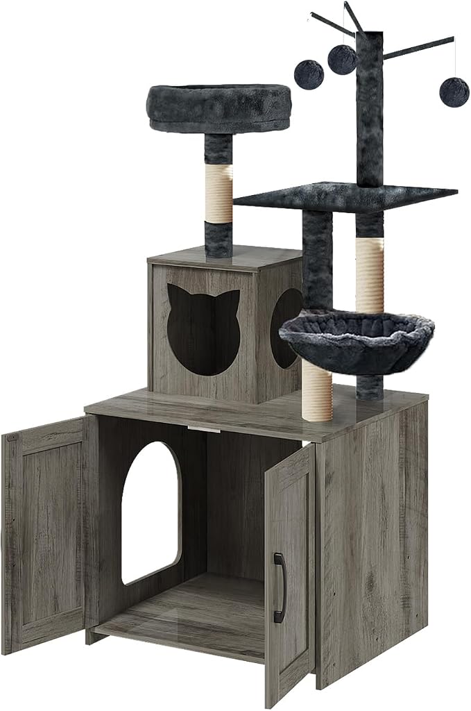 Cat Tree with Litter Box, Wood Litter Box Enclosure with Food Station, Modern - Image 8