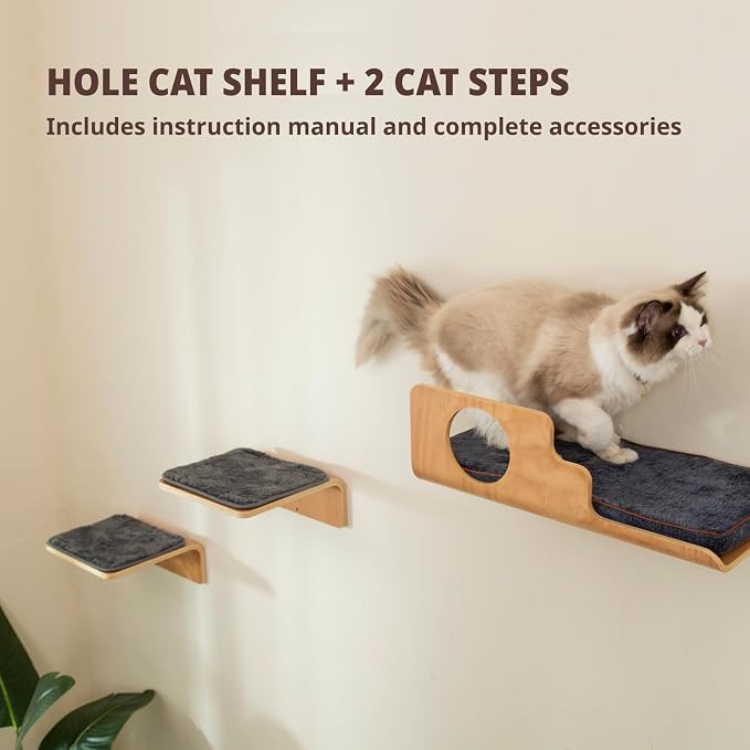 Cat Wall Shelves with 2 Steps, Creative Design Cat Shelf with Peephole - Image 5