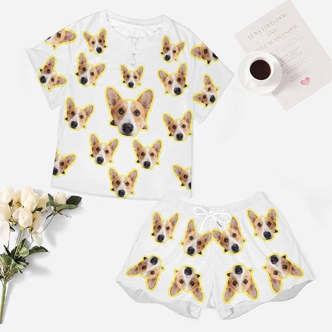 Custom Short Pajamas Set with Face Photo Women‘s Sleepwear Tee Personalized PJ - Image 5
