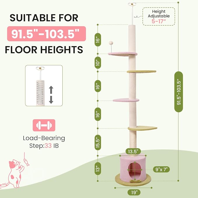 Max & Marlow Cat Tree Floor to Ceiling Cat Tower Height 95-108" Adjustable - Image 7