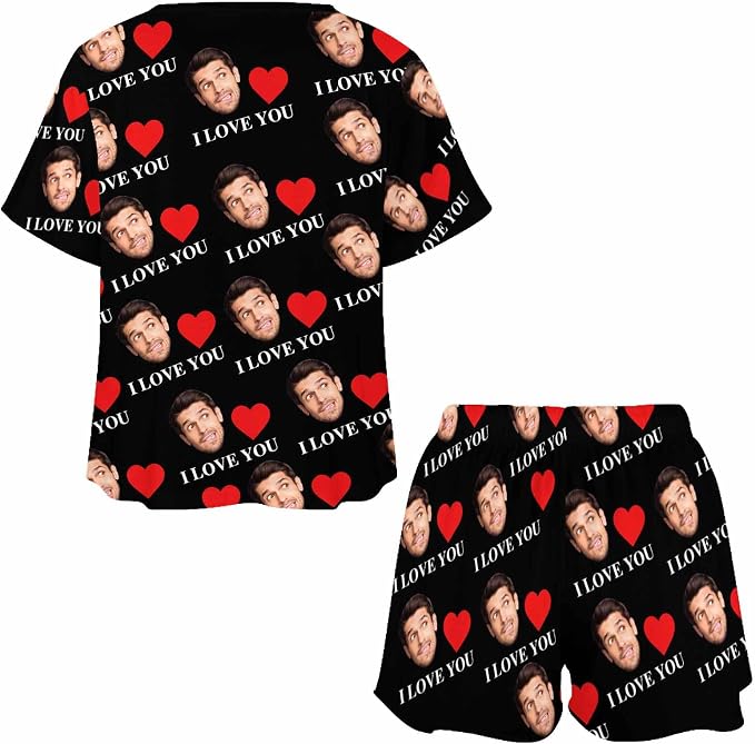 Custom Short Pajamas Set with Face Photo Women‘s Sleepwear Tee Personalized PJ - Image 3