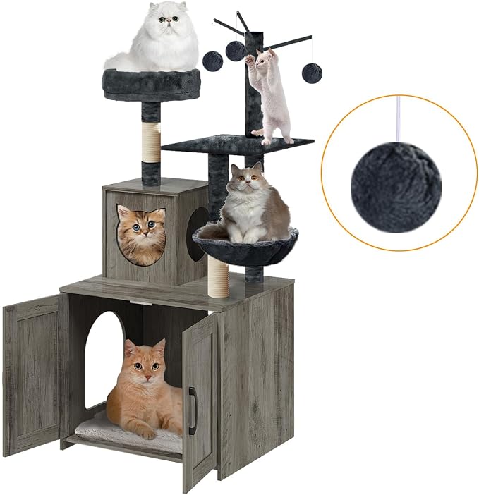 Cat Tree with Litter Box, Wood Litter Box Enclosure with Food Station, Modern - Image 6