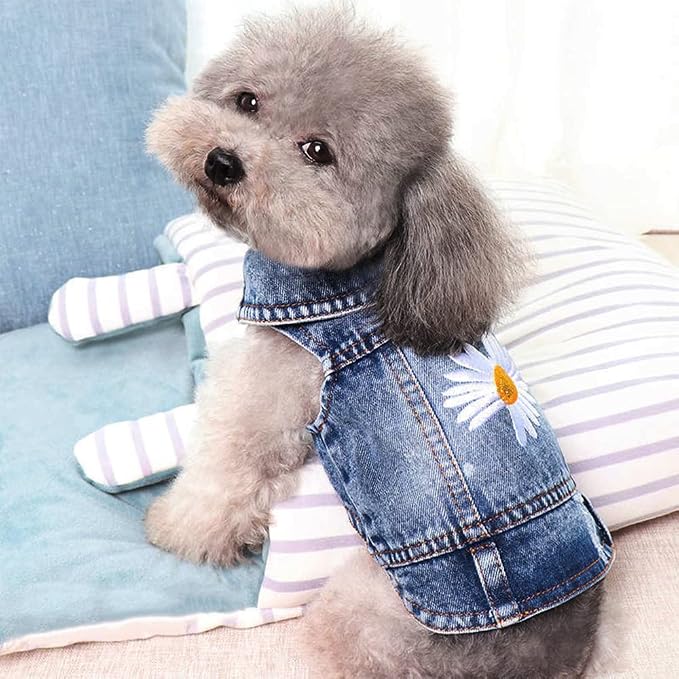Dog Denim Jacket with Embroidered Daisy, Ripped Vintage Jean Vest - Image 5