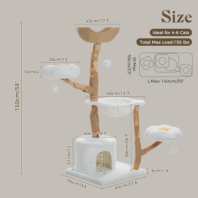 PAWZ Road Cat Tree for Indoor Cats Large Adults, 59 Inches Modern Cat Tower - Image 2