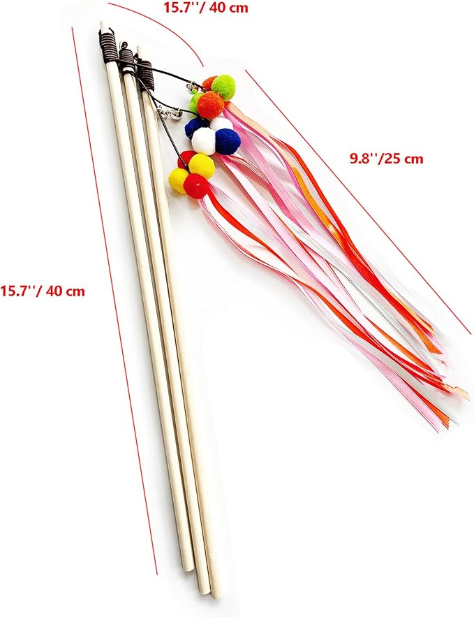 IUHKBH Cat Wand, Ribbon and Pom Poms Sturdy Cat Sticks - Image 2