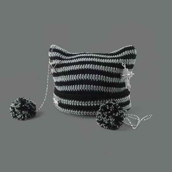 Y2k Beanies Crochet Knitted Cat Hats Goth Cross Devil Hat Striped Alt Emo - Image 7