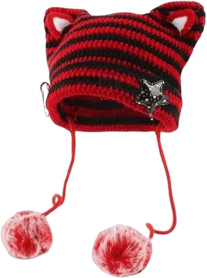 Y2k Beanie Cat Ear Gyaru Acubi Devil Crochet Hats Cute Kawaii Star Grunge by Sumleno