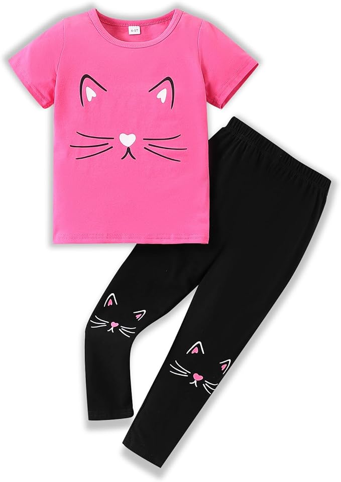 4-8T Toddler Girl Clothes Cat face print Short Sleeve Top+Pants Outfits Girl by Unknown