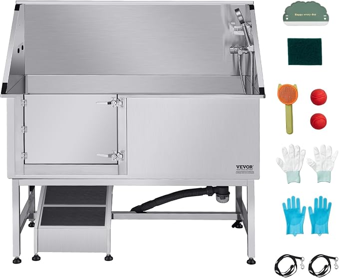 VEVOR Stainless Steel Dog Washing Station, Professional 62 inch Pet Grooming Tub w/Ramp, PE Water Filter Board, Faucet & Showerhead & Soap Holder Bathtub for Large & Medium & Small Pets (Left Door) - Image 9