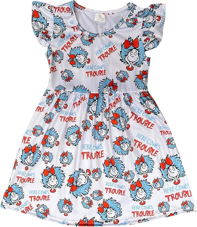 Baby Girls Spring Summer Cat in The Hat Dress Girls Flutter Sleeve Boutique - Image 3