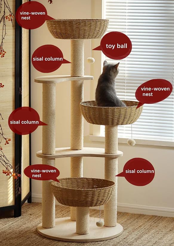 54" Large Modern Cat Trees, Luxury Rattan Oak Solid Wood Cat Trees Towers，3 - Image 2