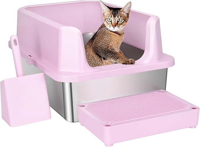 RIZZARI Open Cat Litter Box: Large Pink Stainless Steel Litter Pan by RIZZARI