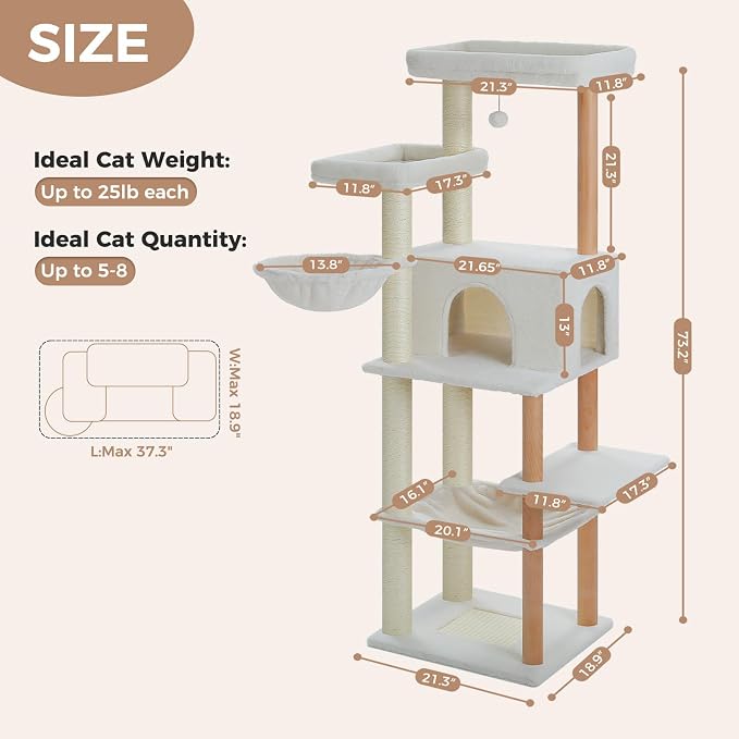 PAWZ Road Large Cat Tree, 73 Inches Tall Wooden Cat Tower - Image 2