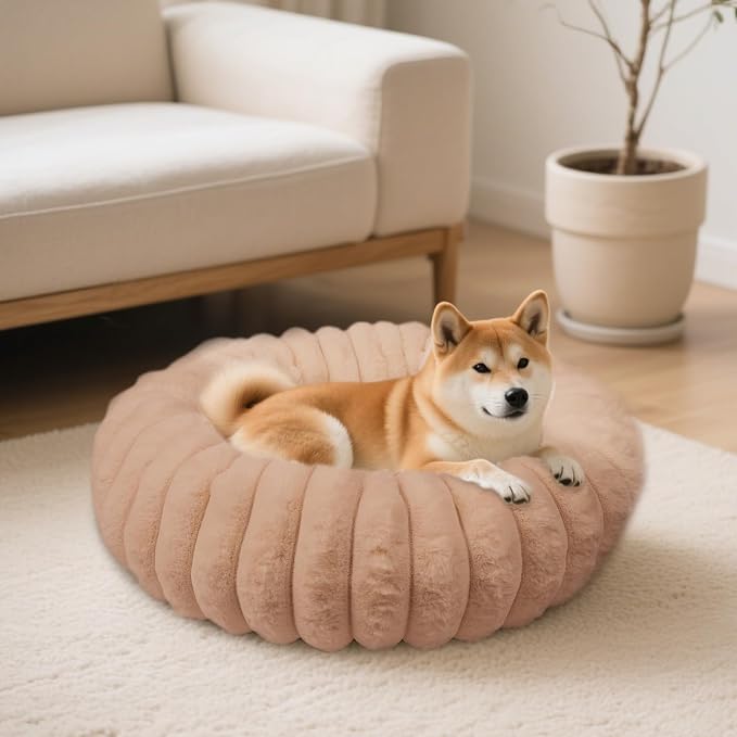 Donut Dog and Cat Bed, Luxurious Comfortable Faux Rabbit Fur Pet Beds, Round by VhenWhen