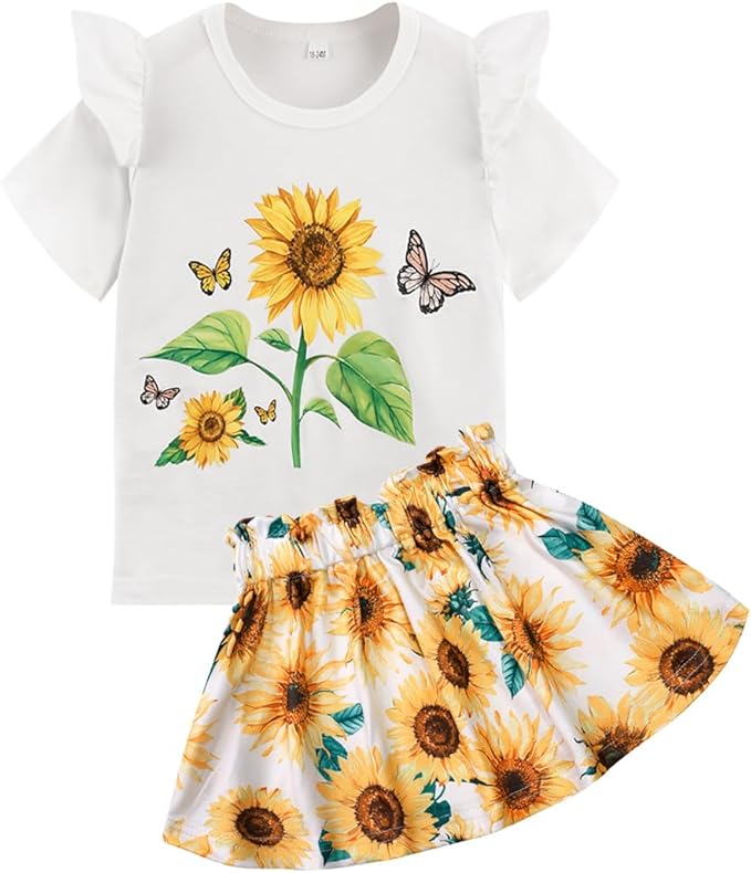 Akyzic Little Girl Skirt Outfit Two Piece Spring Summer Outfit Butterfly Dress by Akyzic