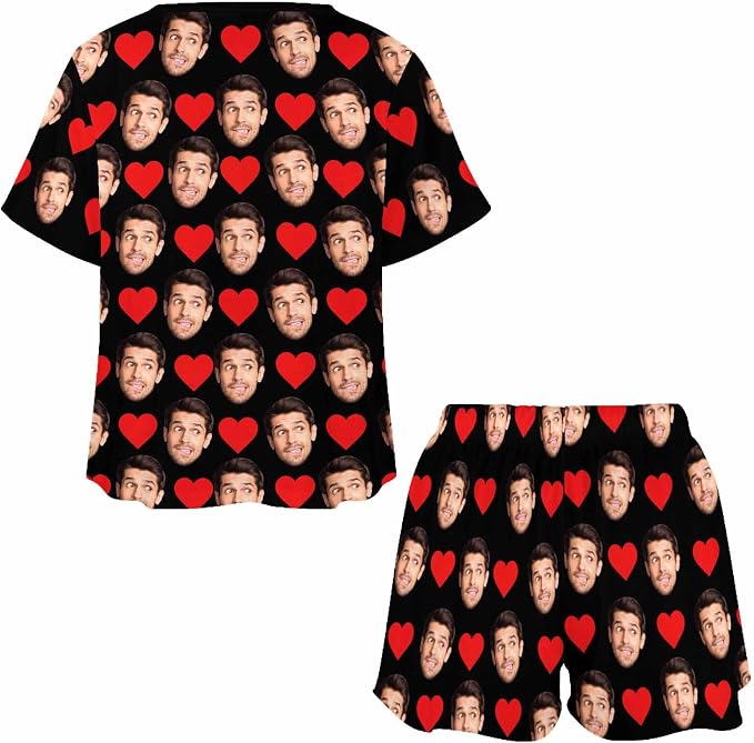 Custom Short Pajamas Set with Face Photo Women‘s Sleepwear Tee Personalized PJ - Image 3