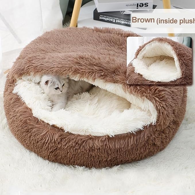 Cat Bed Round Fluffy Hooded Cat Bed Cave, Anti-Anxiety Cave Bed - Image 3