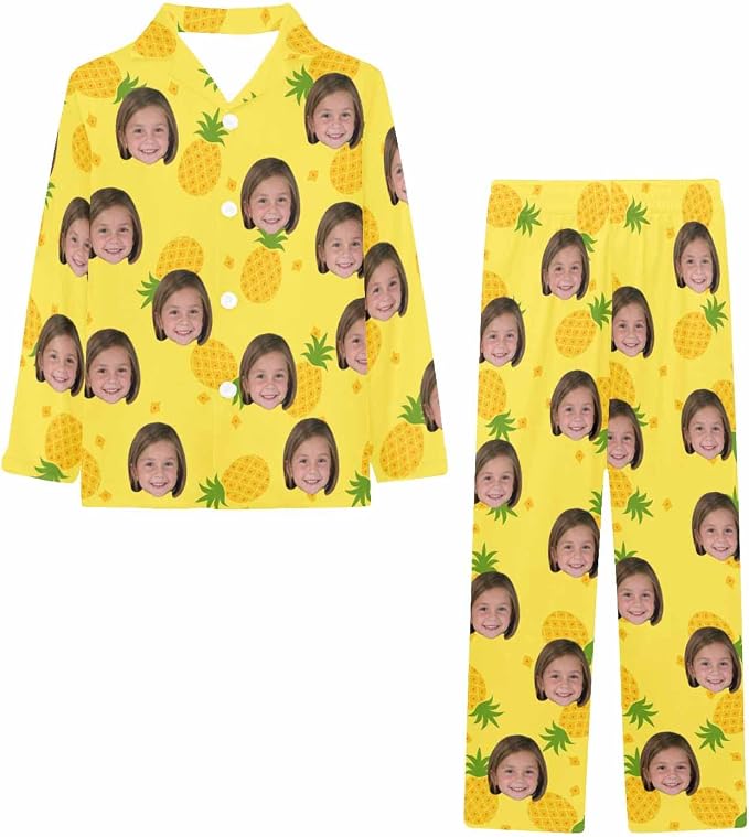 Artsadd Girls Pajamas Set Custom Face Pet Photo Long Sleeve Sleepwear - Image 3