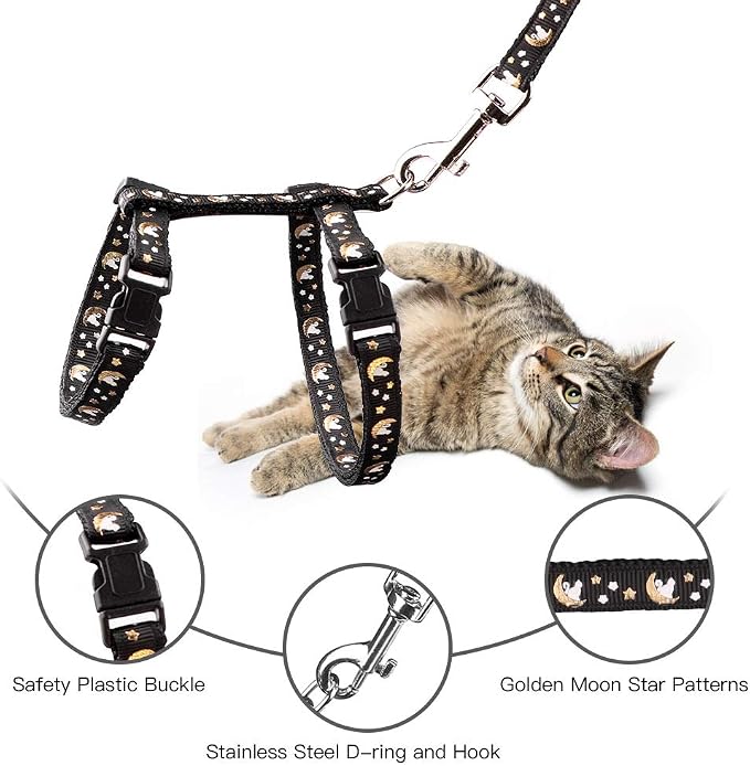 Cat Harness and Leash Set Gold Moons Stars Soft Nylon Escape Proof Adjustable - Image 2