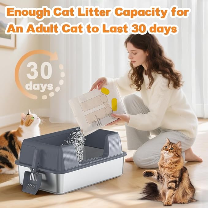 Vivifying Stainless Steel Cat Litter Box, XL Extra Large Semi-Enclosed Metal Pan - Image 3