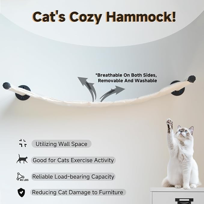 Cat Hammock Wall Mounted, 35.43 x 12.99 inch Wall Mounted Cat Shelves, Metal - Image 3