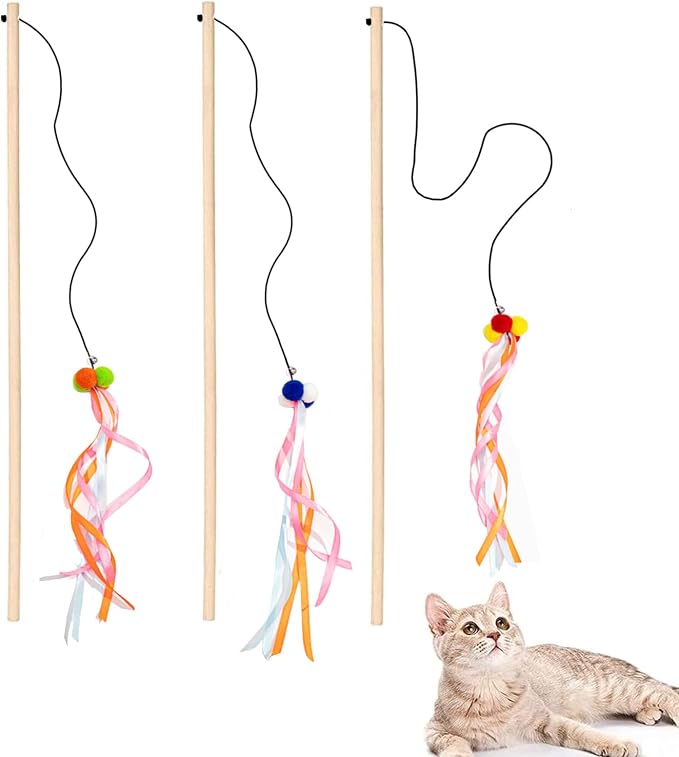 IUHKBH Cat Wand, Ribbon and Pom Poms Sturdy Cat Sticks by IUHKBH