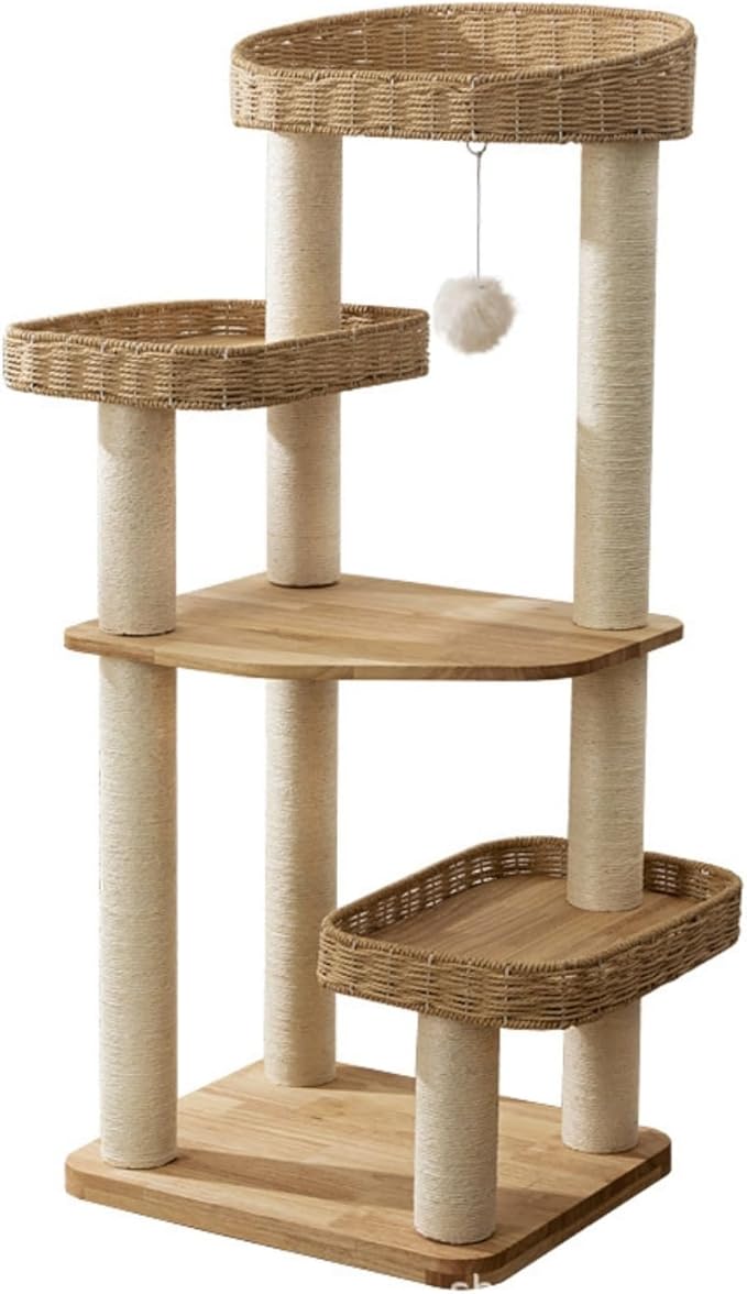 SHENGOCASE Modern Natural Wood Wooden Cat Tree Tower, 3 Large Rattan Wicker by SHENGOCASE
